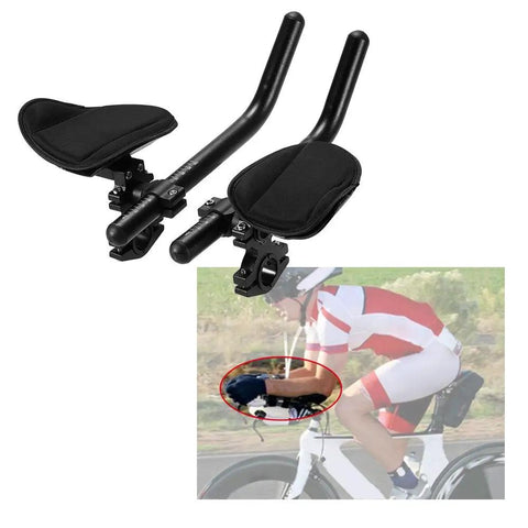 Aluminum Alloy Aero Bar Arm Rest For Bike Handlebar with thick foam padding shown on road bike for triathlon