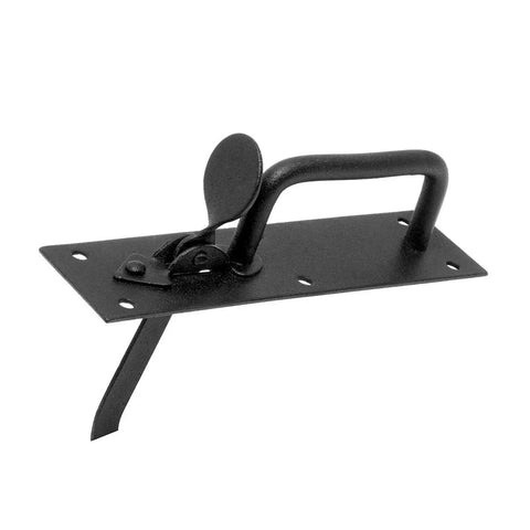 Darn Good Black Iron Thumb Latch For Garden Gates And Fences Seven Inch Tall With Heavy Duty Powder Coating Rust Resistant Finish Includes Every Mounting Screw Pack Of Ten Built Tough As Nails, showing black iron latch with mounting plate.