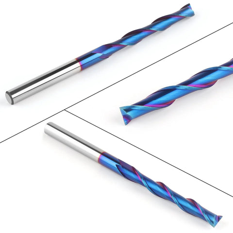 EANOSIC extra-long 4-inch upcut router bit set with 1/4 inch shank and 1/4 inch cutting diameter; solid carbide with NACO coating
