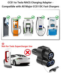 Badass Heavy Duty Ccs1 To Nacs Adapter For Tesla And All Nacs Evs Delivering 250Kw Dc Fast Charging With Smart Chip Protection shown with compatible CCS1 chargers.