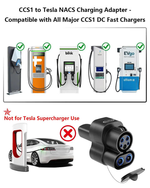 Badass Heavy Duty Ccs1 To Nacs Adapter For Tesla And All Nacs Evs Delivering 250Kw Dc Fast Charging With Smart Chip Protection shown with compatible CCS1 chargers.