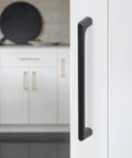 Ten Pack 5 Inch Matte Black Cabinet Pulls for Kitchen Cabinets, shown installed on a white kitchen cabinet