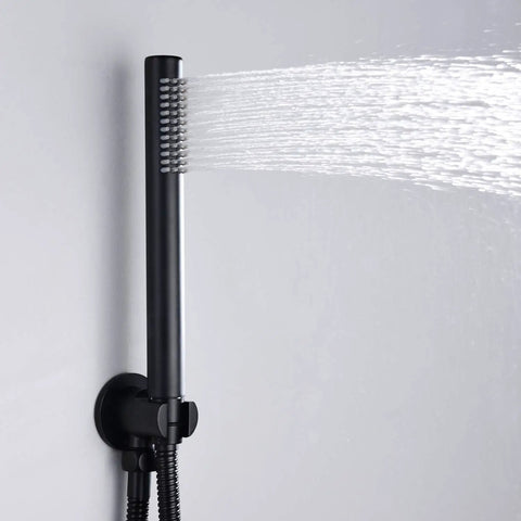 Matte Black Wall Mount Bathtub Faucet With Hand Shower, High Flow Waterfall Spout, Solid Brass Construction, 1/2 Inch NPT Standard Plumbing
