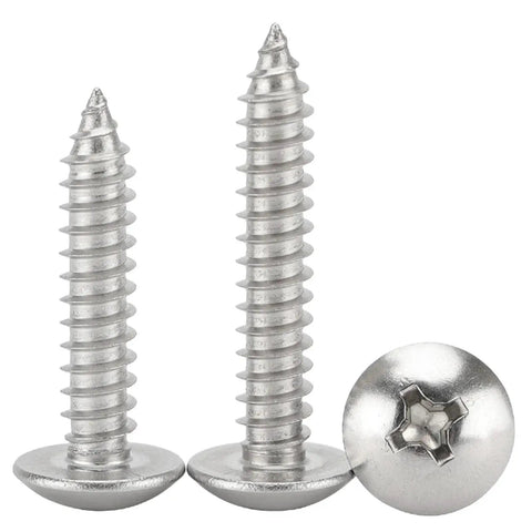M3 14mm 304 Stainless Steel Phillips Pan Head Double Thread Self Tapping Wood Screws 10 Pack with shiny finish and sharp tips.