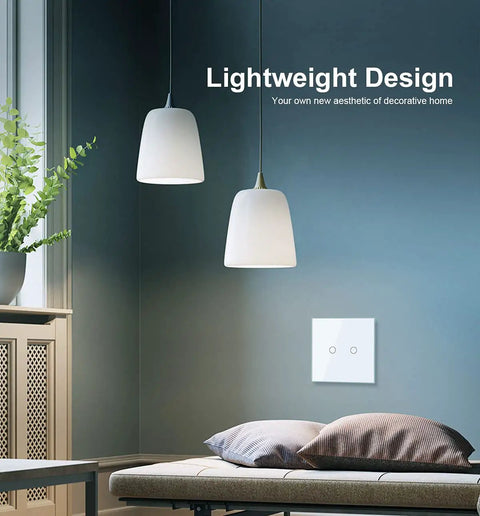 Wall Touch Light Switch No Neutral 2-Gang With White Tempered Glass Panel installed in modern living room.