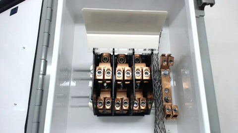 Interior of Industrial Control Panel Enclosure 8667, showing wiring and terminal connections inside heavy duty steel cabinet.