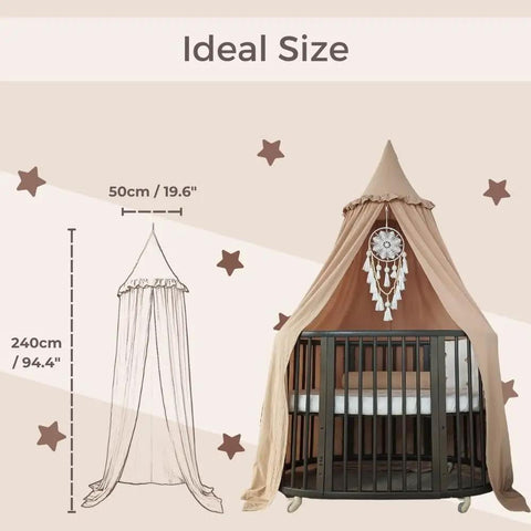 Kids Bed Canopy With Ruffles In Pastel Nougat, Frilled Cotton Tent over baby crib showing size dimensions 240cm x 50cm.
