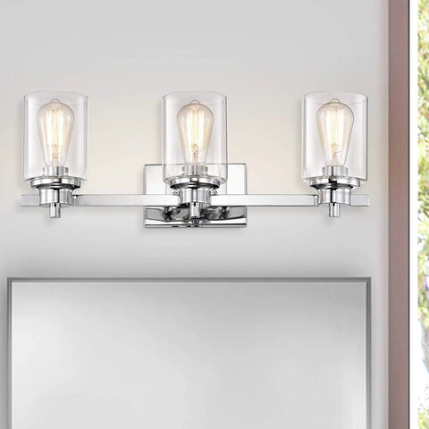 3 Light Chrome Vanity Light Fixtures Over Mirror With Clear Glass Shades Farmhouse Style Wall Sconce Lighting For Bathroom