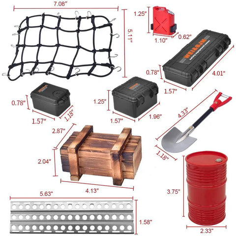 One Tenth Scale RC Crawler Roof Accessories Kit With Luggage Net Oil Drum Wood Box Fuel Tank Recovery Board Toolbox And Shovel For TRX4 TRX6 AXIAL SCX10 Redcat Gen7 And Other One Tenth Scale Crawlers Realistic Tool Set To Boost Authenticity And Car Look