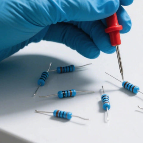 Gloved hand testing resistors from the 2600-Piece One Quarter Watt Metal Film Resistor Kit With 130 Values From One Ohm To Three Megaohm, One Percent Tolerance, Breadboard Friendly Assortment For DIY Electronics Repairs Projects And Pro Builds