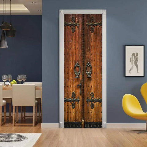 Interior view with 3D Classic Old Wood Door Decal Kit Peel And Stick Wall Mural Cover Removable Self Adhesive Wallpaper For Home Decor Two Panel Set 78.7 Inches Tall Per Panel Easy DIY Door Makeover
