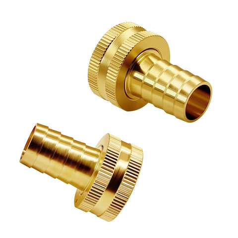 Premium 2-Pack Solid Brass Garden Hose Connector with 3/4 Inch Barb To Female GHT Thread For Tough Outside Sprinklers And Faucet Hookups, two pieces