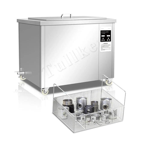 Massive 88 Liter Ultrasonic Parts Cleaner With Digital Timer For Automotive Carbs Injectors Industrial Heavy Duty Deep Clean Bath Tank with basket of auto parts.