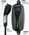 Heavy Duty Level 2 Ev Charger With 24 Amp Adjustable Output For Electric Vehicles Includes Dual Voltage Plugs, features display and robust design.