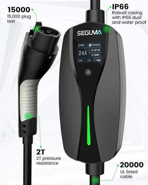 Heavy Duty Level 2 Ev Charger With 24 Amp Adjustable Output For Electric Vehicles Includes Dual Voltage Plugs, features display and robust design.