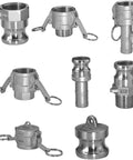 Rock Solid 304 Stainless Steel Quick Disconnect Hose Fitting Pump Coupling Plus Barb Adapter assortment for fluid transfer.