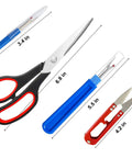 Complete 10 Piece Handy Sewing Seam Ripper Set with blue unpickers, scissors, and thread cutter visible, sizes marked.