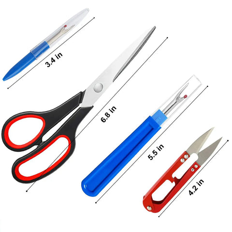 Complete 10 Piece Handy Sewing Seam Ripper Set with blue unpickers, scissors, and thread cutter visible, sizes marked.
