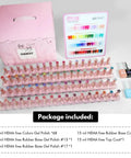 All In One Gel Nail Polish Kit With 68 Bright Colors And 4 Essential Gels Base Coat Builder Gel Top Coat Plus High Shine Finish 72 Pieces Of 12ml For All Seasons Home DIY Nail Salon displayed with color chart and pink packaging.