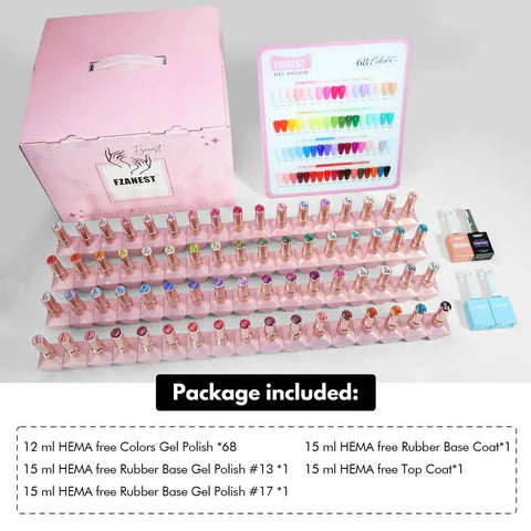 All In One Gel Nail Polish Kit With 68 Bright Colors And 4 Essential Gels Base Coat Builder Gel Top Coat Plus High Shine Finish 72 Pieces Of 12ml For All Seasons Home DIY Nail Salon displayed with color chart and pink packaging.