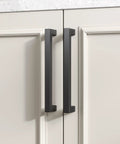 Front view of installed 30 Pack Black Square Bar Cabinet Pulls Drawer Handles Stainless Steel Hollow Construction Center To Center 5 Inch 128mm Overall Length 140mm Modern Kitchen Hardware Cupboard Durable Finish Anti Corrosive For Long Lasting Use on white cabinets.