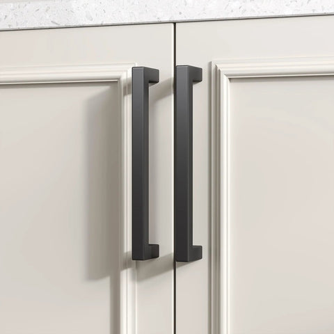 Front view of installed 30 Pack Black Square Bar Cabinet Pulls Drawer Handles Stainless Steel Hollow Construction Center To Center 5 Inch 128mm Overall Length 140mm Modern Kitchen Hardware Cupboard Durable Finish Anti Corrosive For Long Lasting Use on white cabinets.