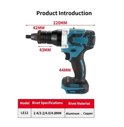 Side view of Powerful Brushless Rivet Nut Gun Kit For Pros Auto Electric Riveter Set with dimensions and specifications.