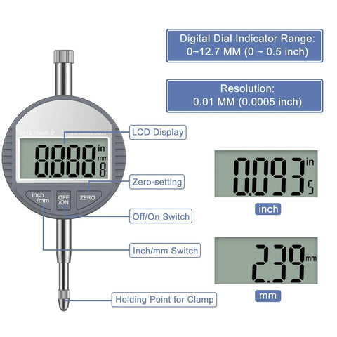 HDLNKAK digital dial indicator bore gauge with LCD display; 6" depth, 0–12.7 mm range, 0.0005" resolution, 23 anvils included.