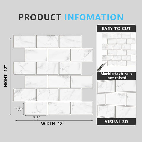 Peel And Stick Backsplash Tiles 12x12 White Marble Design for Kitchen and Bathroom 10 Sheets Self Adhesive Subway Tiles DIY Friendly