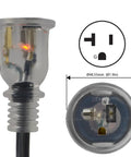 Close-up of 20 Amp 125 Volt Outdoor Extension Cord 25 Feet SJTW plug with power light and prong dimensions.
