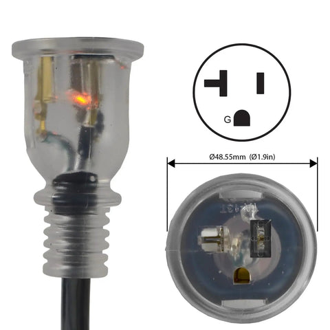 Heavy Duty Outdoor Extension Cord 50 Ft 20 Amp 125 Volt NEMA 5 20 P Blade 12 Gauge SJTW Copper All Weather Cable ETL Listed Industrial Grade plug close-up
