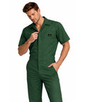 Men's Short Sleeve Zip Up Coveralls Built Different For The Daily Grind Heavy Duty Cotton Poly Blend Work Jumpsuit shown on model.