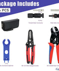 Pro-Grade Solar Panel Crimping Tool Kit with crimper, stripper, spanner, and connectors. Includes carrying case.