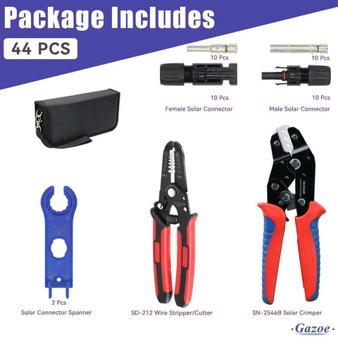 Pro-Grade Solar Panel Crimping Tool Kit with crimper, stripper, spanner, and connectors. Includes carrying case.