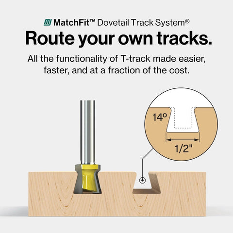 Matchfit Inline Dovetail Ramp Clamps For Track System with 14°x1/2" groove illustration and router bit