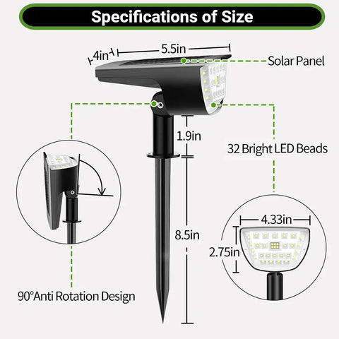 Outdoor Solar Spotlight Lights Two Pack IP65 Waterproof 32 LED Cold White Three Lighting Modes lumen and size specifications chart