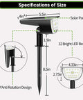 Specifications of 32 LED Outdoor Solar Spotlight Kit With 3 Lighting Modes Waterproof Landscape Lights dimensions and design.