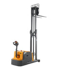Heavy Duty Full Electric Pallet Stacker And Counterbalanced Forklift with adjustable forks and 118-inch lift height.
