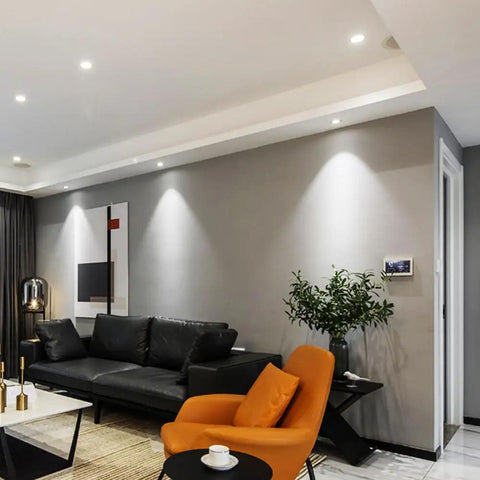 Living room featuring saditesdk 3.3 Inch Led Recessed Lighting, Cri95 Anti-Glare Led Downlight, with adjustable light and modern decor.