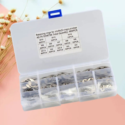 Stainless Steel Retaining Ring Set Snap Ring Kit M1.5 To M15 400 Pieces EShaped Circlip For Shaft in plastic case