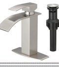 Waterfall Bathroom Faucet With Single Handle Vanity Sink Spout RV Ready Deck Plate For 1 Or 3 Hole Install Brushed Nickel Stainless Steel Pop Up Drain Included Flexible Hoses
