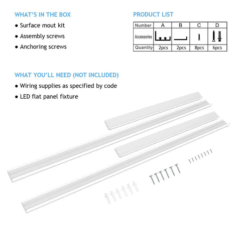 2x4 LED Flat Panel Surface Mount Kit with Aluminum White Frame and Mounting Screws for Ceiling Install shown with components