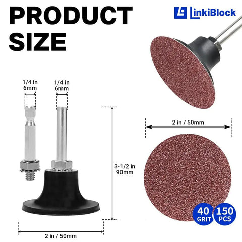 150 Piece 2 Inch R Type Quick Change Aluminum Oxide Surface Conditioning Sanding Discs Set, 40 Grit, showing pad dimensions