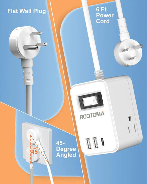 Flat Plug Power Strip With Six Foot Cord, Three Outlets And Three USB Ports Plus USB C, non surge, 45-degree plug angle