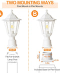 Outdoor Post Light With Pier Mount Base Waterproof White Lamp Post Fixture For Garden Yard Patio And Pathway E26 Socket Exterior Lantern Lamp 14.72 Inch Tall 8.5 Inch Wide detailed mounting guide with two installation options, post and pier mount, showing lamp dimensions and fit.