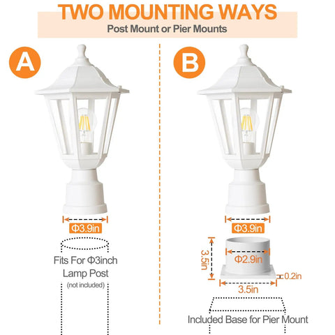 Outdoor Post Light With Pier Mount Base Waterproof White Lamp Post Fixture For Garden Yard Patio And Pathway E26 Socket Exterior Lantern Lamp 14.72 Inch Tall 8.5 Inch Wide detailed mounting guide with two installation options, post and pier mount, showing lamp dimensions and fit.