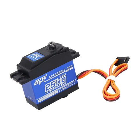 Heavy Duty Digital Servo Motor With 360 Continuous Rotation And Reinforced Metal Gears Dropping 25kg Of Badass Torque For Zero Lag RC Robot Control And Smooth Custom Hobby Builds, side view with connector.