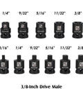 Eleven Piece Three Eighths Inch Drive Pipe Plug Socket Set SAE CRMO Heavy Duty with visible sizes and square drives