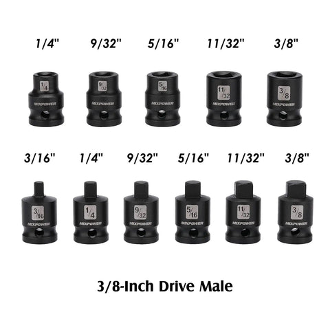 Eleven Piece Three Eighths Inch Drive Pipe Plug Socket Set SAE CRMO Heavy Duty with visible sizes and square drives