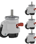 Heavy Duty Leveling Casters With Ratchet Handle Set Of Four Height Adjustable Industrial Retractable Wheels Built Tough For The Daily Grind Two Inch And M12 Threads, close-up of caster with adjustable height mechanism.